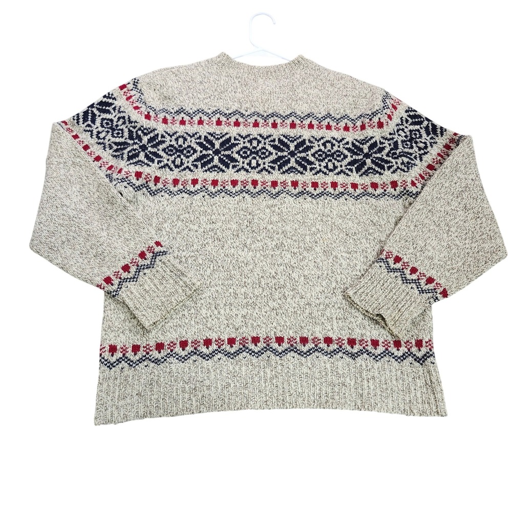 LL Bean Vintage Nordic Fair Isle Snowflake Sweater Mens Large Oatmeal Navy Red